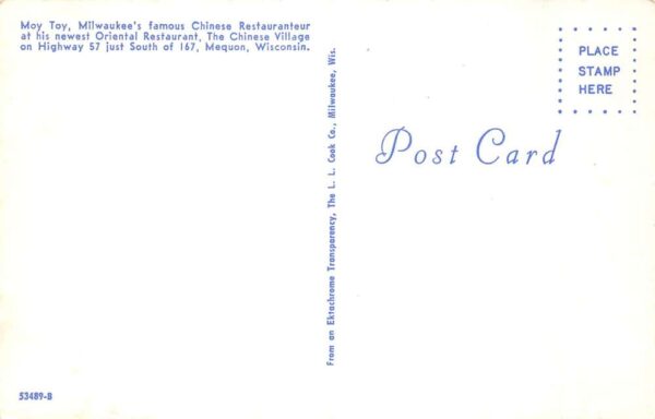 Mequon Wisconsin Moy Toy Chinese Restauranteur Vintage Postcard AA81228 - Image 2