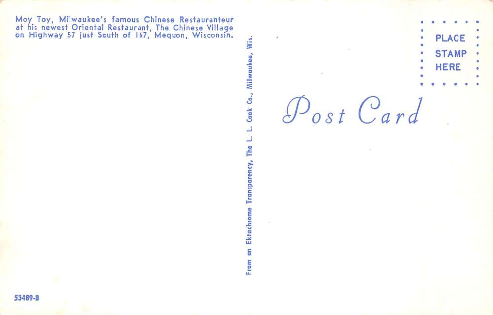 Mequon Wisconsin Moy Toy Chinese Restauranteur Vintage Postcard AA81228 - Image 2