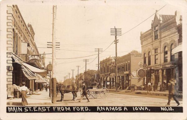 Anamosa Iowa Main St. East From Ford, Drug Store, Vintage RPPC U17106