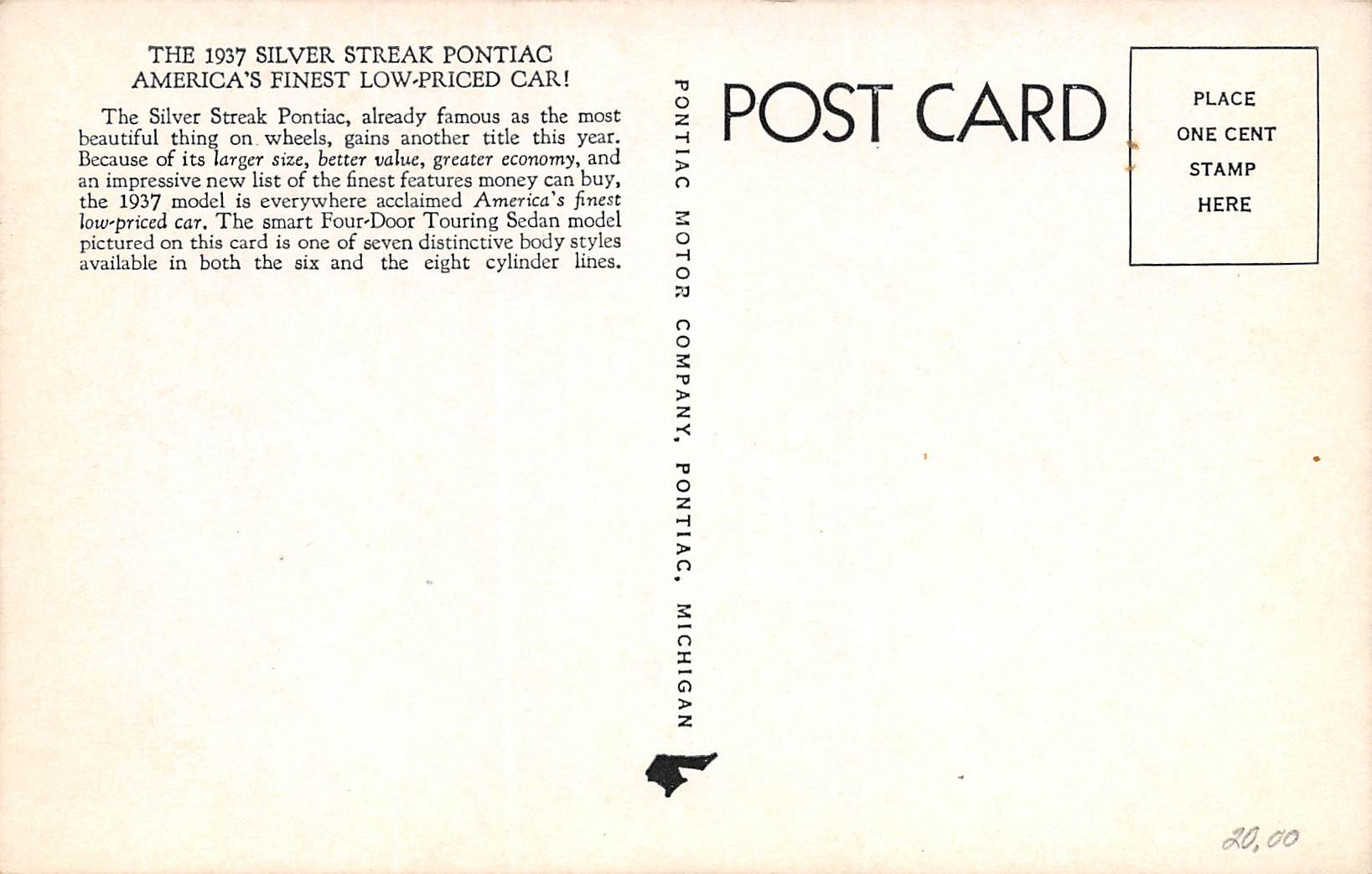 Pontiac Michigan 1937 Silver Streak Pontiac, Vintage Postcard U17277 - Image 2