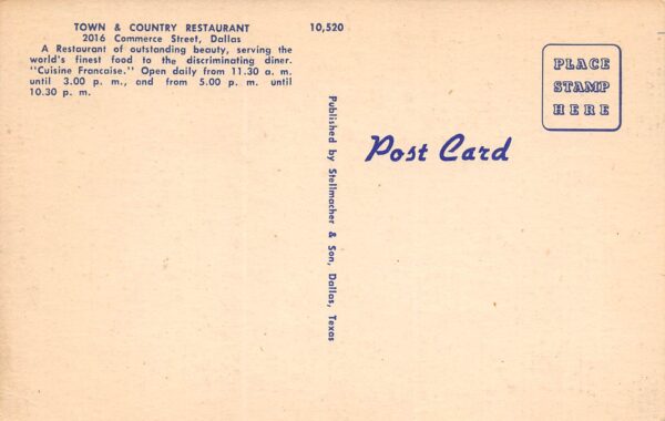 Dallas Texas Town & Country Restaurant & Cocktail Lounge, PC U17293 - Image 2