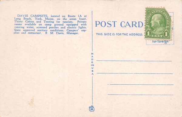 York Maine Davis Campsite, Long Beach, White Border Vintage Postcard U17304 - Image 2