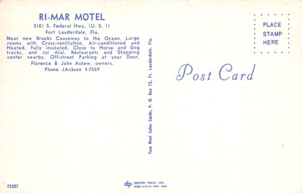 Fort Lauderdale Florida Ri-Mar Motel, Chrome, Vintage Postcard U17309 - Image 2