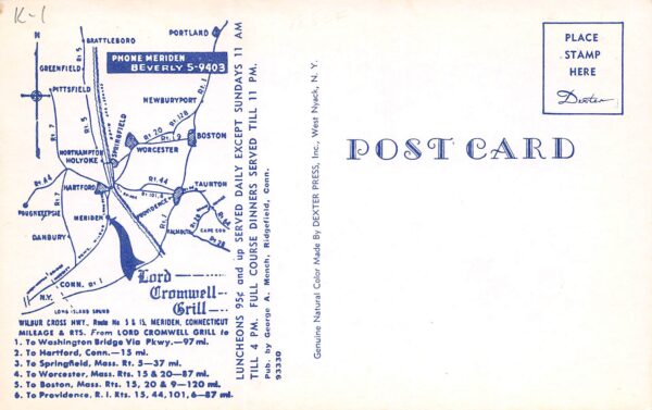 Meridian Connecticut Lord Cromwell Grill, Chrome, Vintage Postcard U17310 - Image 2