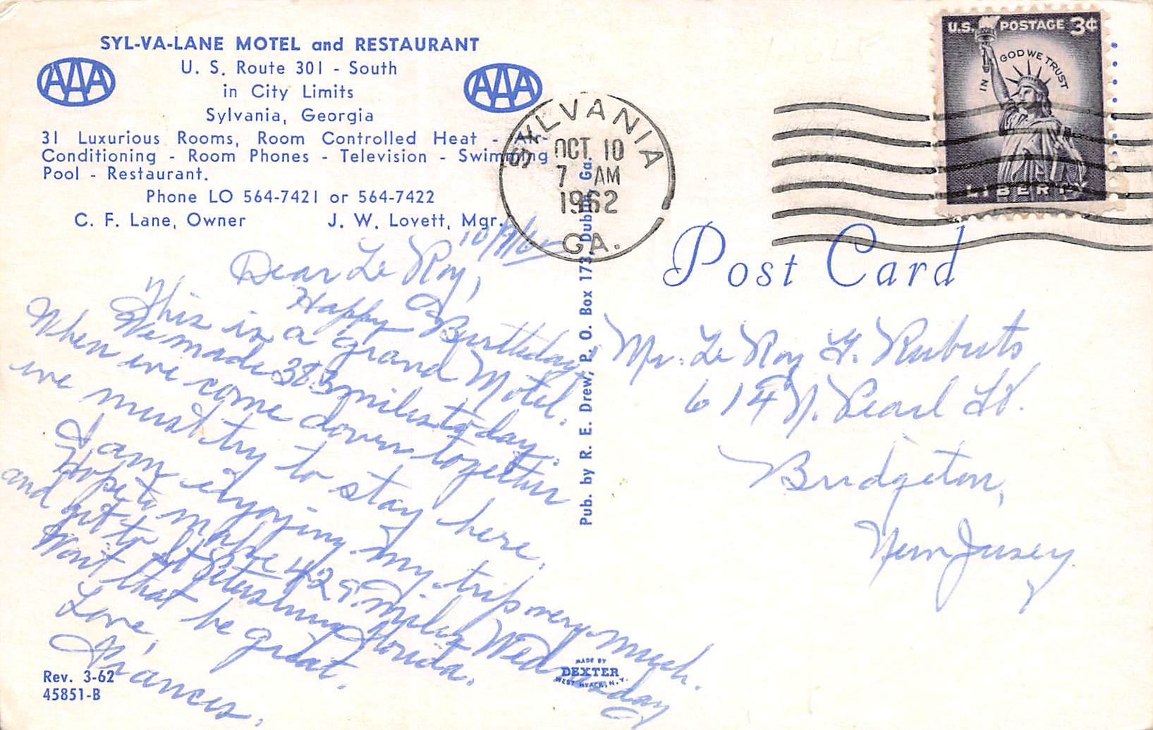 Sylvania Georgia Syl-Va-Lane Motel & Restaurant, Chrome, Vintage PC U17312 - Image 2