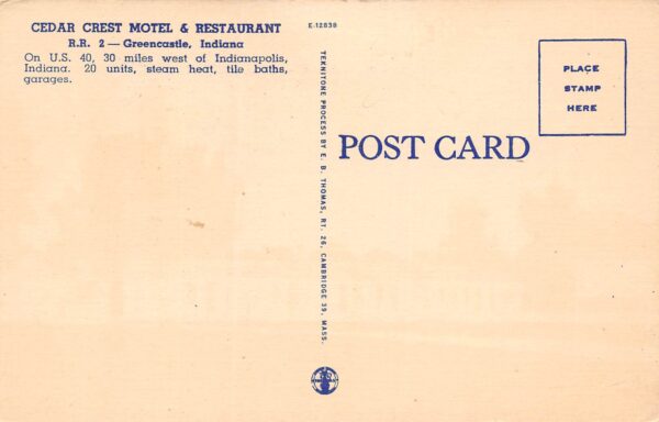 Greencastle Indiana Cedar Crest Motel & Restaurant, Color Linen, PC U17313 - Image 2