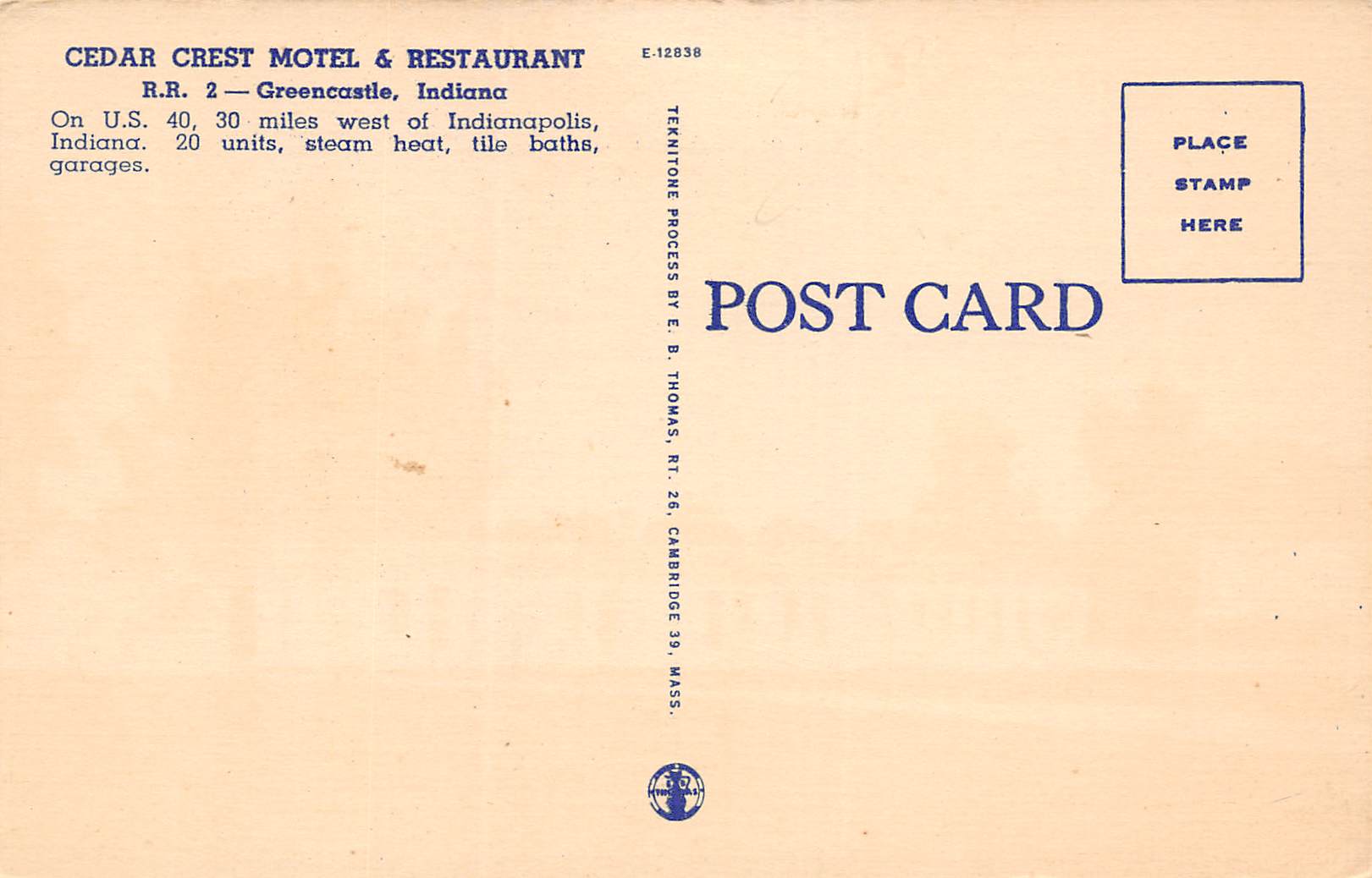 Greencastle Indiana Cedar Crest Motel & Restaurant, Color Linen, PC U17313 - Image 2