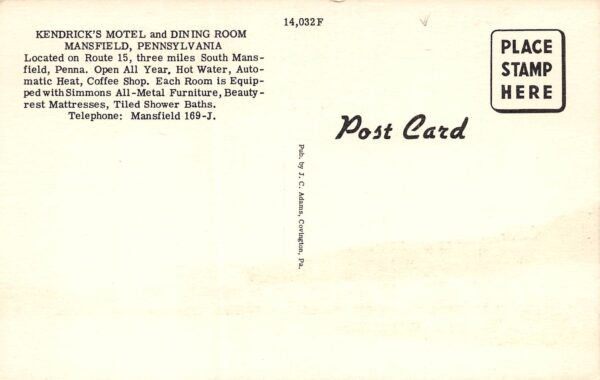 Mansfield Pennsylvania Kendrick's Motel & Dining Room, Linen, PC U17317 - Image 2