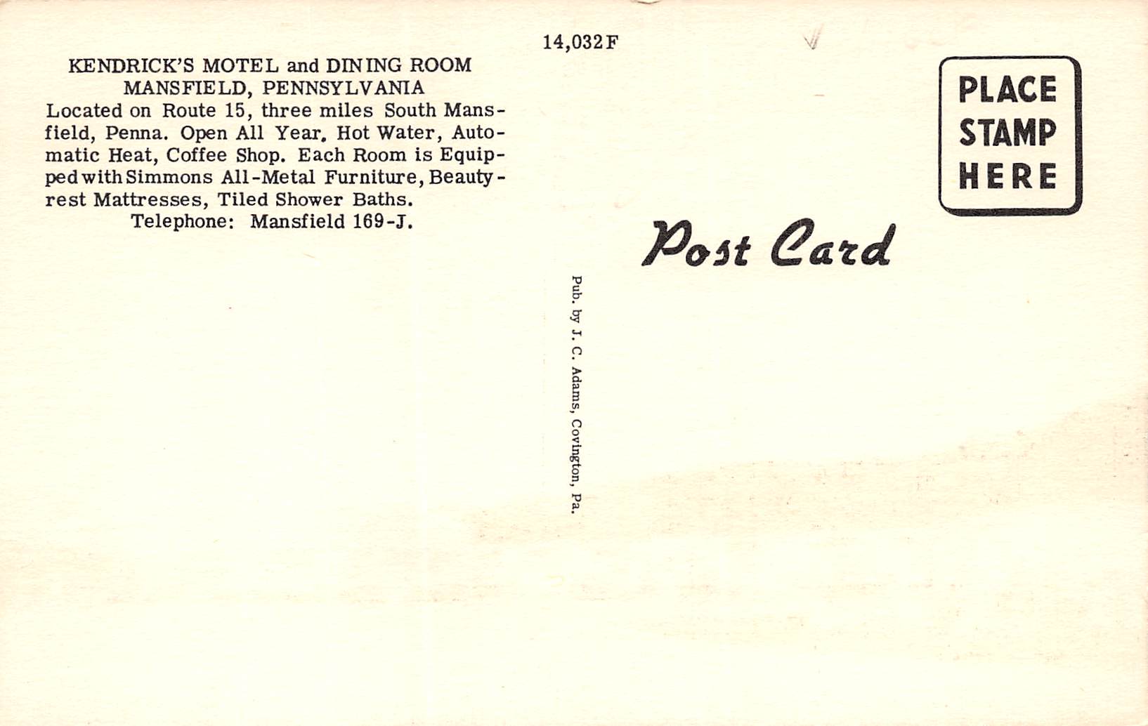 Mansfield Pennsylvania Kendrick's Motel & Dining Room, Linen, PC U17317 - Image 2