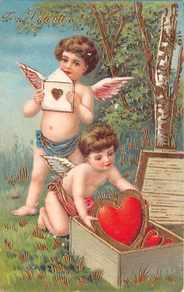 To My Valentine Cupids With Hearts & Letter, Vintage Postcard U17420