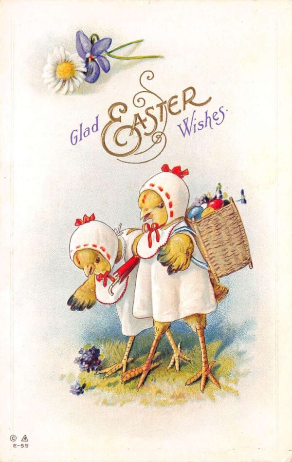 Glad Easter Wishes Chicks In Bonnets W/ Easter Eggs, Vintage Postcard U17422