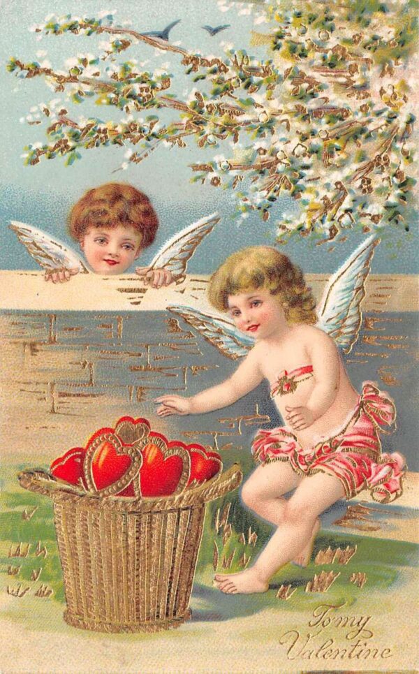 To My Valentine Cupids W/ Hearts In Basket, Vintage Postcard U17423