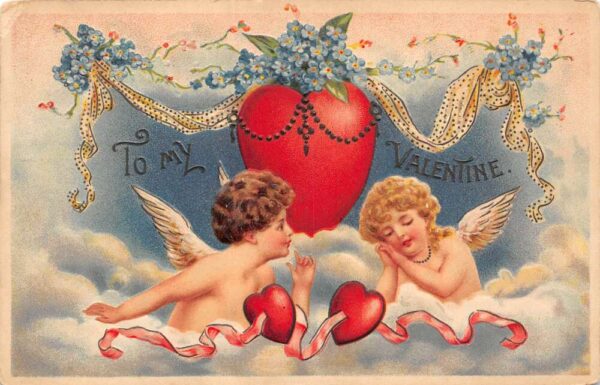 To My Valentine Cupids In Clouds, With Hearts, Vintage Postcard U17425