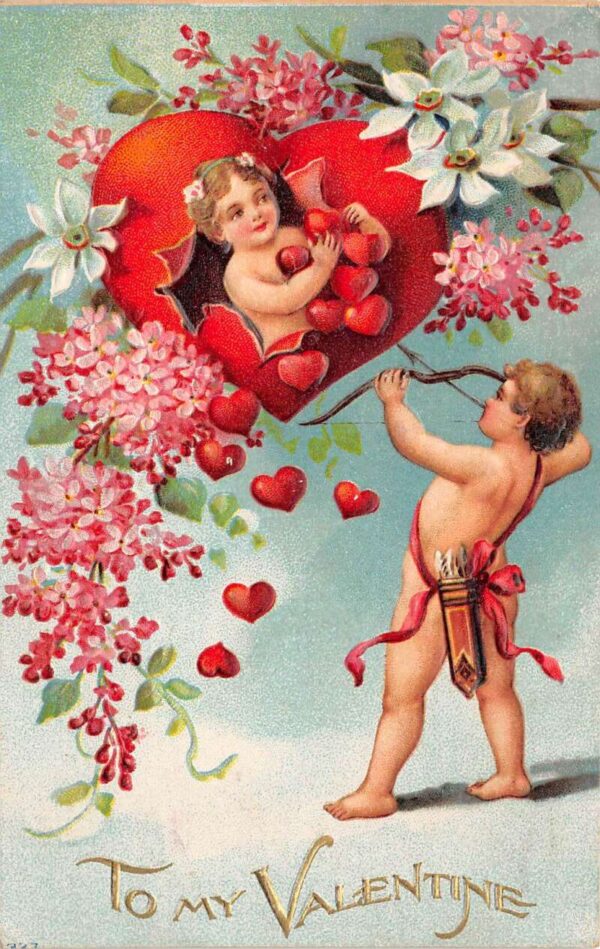 To My Valentine Cupids With Hearts & Flowers, Bow & Arrow, PC U17427