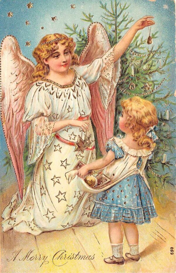 A Merry Christmas Angel & Child With Christmas Tree, Vintage Postcard U17428