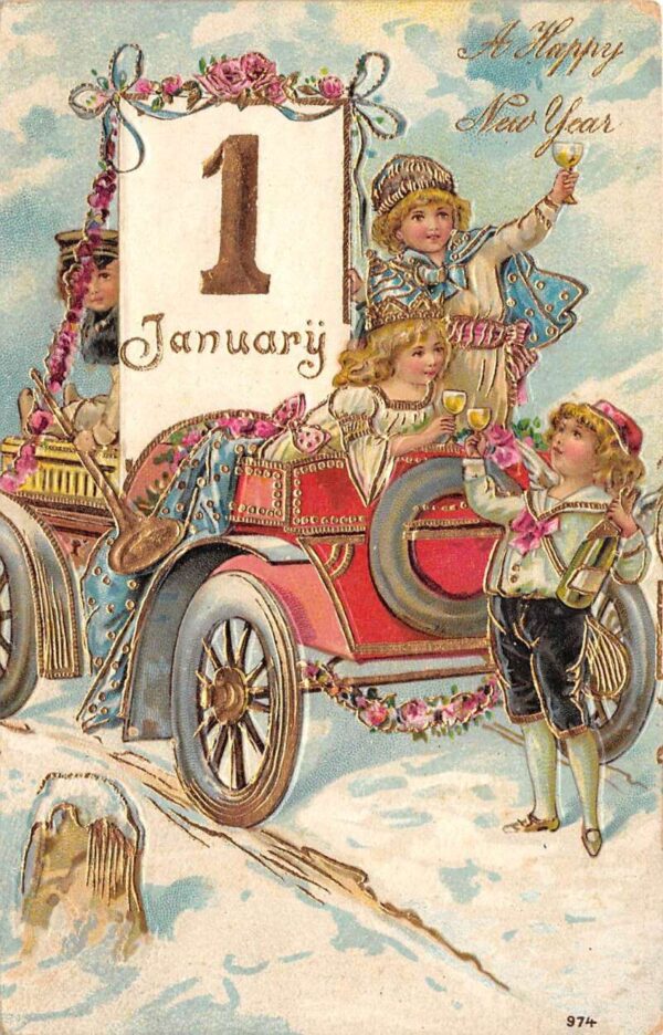 A Happy New Year, Children With Automobile & Champagne, Vintage PC U17430
