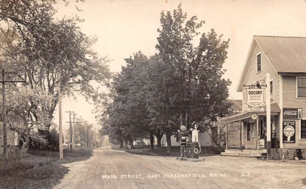 East Parsonsfield Maine Main Street Socony Gas Coke Sign Real Photo PC AA81545