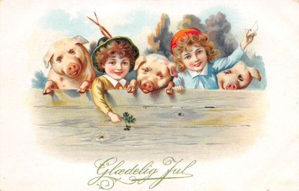 Danish Christmas Greetings Children with Pigs Vintage Postcard AA81563