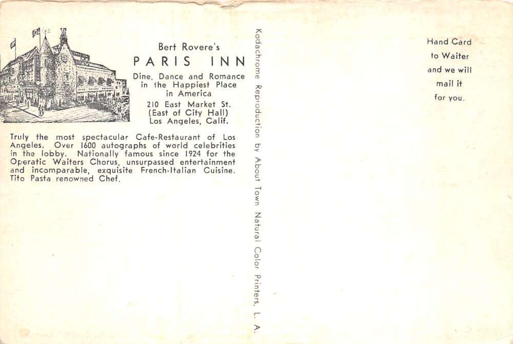 Los Angeles California Paris Inn Cafe Views Vintage Postcard AA81569 - Image 2