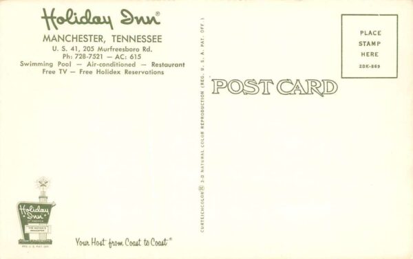 Manchester Tennessee Holiday Inn, Chrome, Vintage Postcard U17479 - Image 2