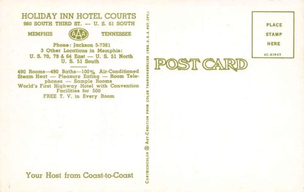 Memphis Tennessee Holiday Inn Hotel Courts, Chrome, Vintage Postcard U17491 - Image 2