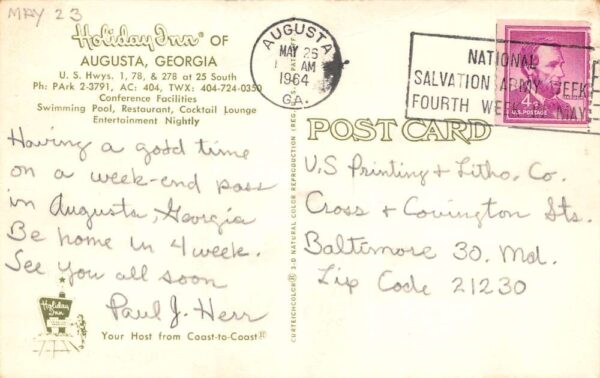 Augusta Georgia Holiday Inn, Chrome, Vintage Postcard U17492 - Image 2