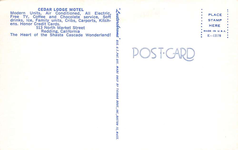 Redding California Cedar Lodge Motel, Chrome, Vintage Postcard U17502 - Image 2