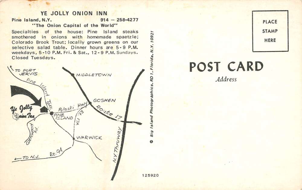 Pine Island New York Ye Jolly Onion Inn, Multi-View Chrome, Vintage PC U17503 - Image 2