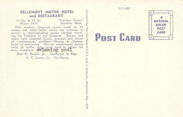 Natchez Mississippi Bellemont Motor Hotel & Restaurant, Vintage PC U17511 - Image 2