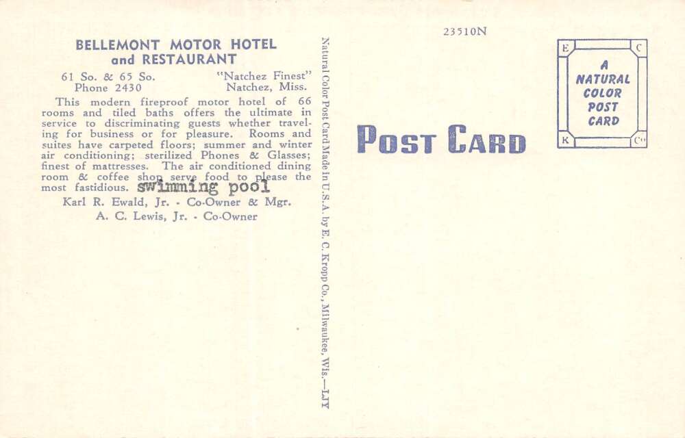 Natchez Mississippi Bellemont Motor Hotel & Restaurant, Vintage PC U17511 - Image 2