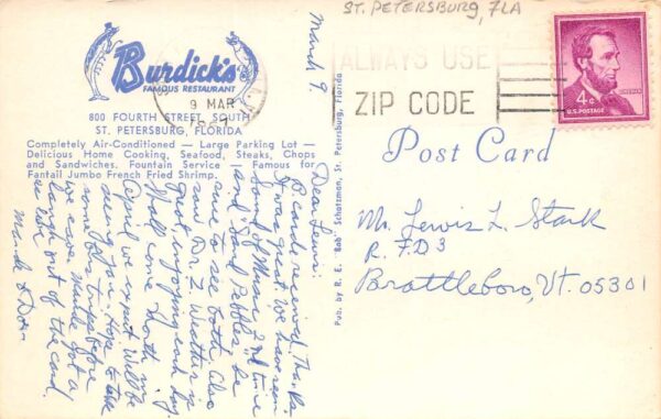 St. Petersburg Florida Burdick's Restaurant, Chrome, Vintage Postcard U17515 - Image 2