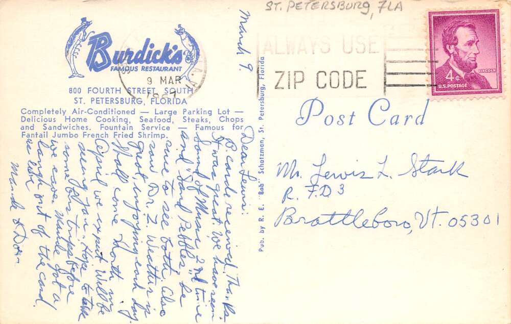 St. Petersburg Florida Burdick's Restaurant, Chrome, Vintage Postcard U17515 - Image 2