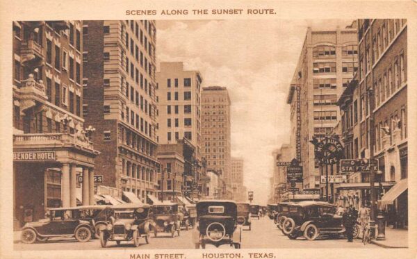 Houston Texas Main Street Bender Hotel Sunset Route Postcard AA81632