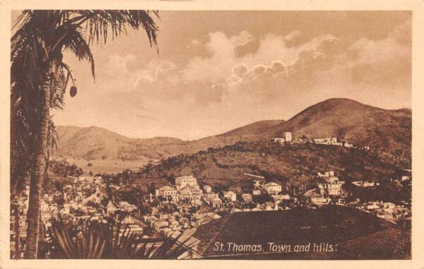 St Thomas Island Town and Hills Birds Eye View Vintage Postcard AA85397