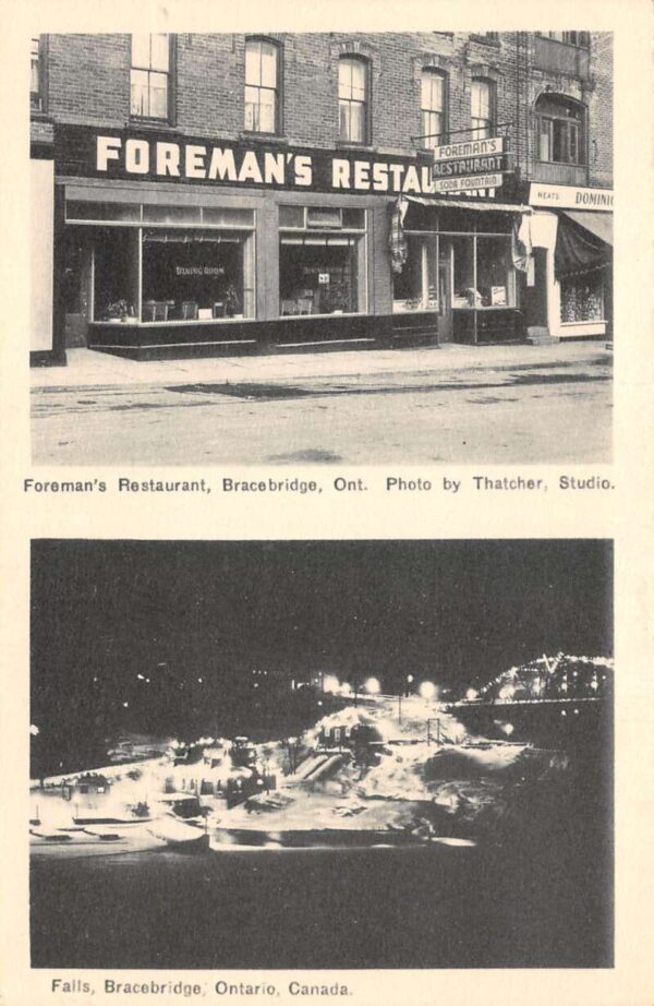 Bracebridge Ontario Canada Foreman's Restaurant and Falls at Night PC AA85461