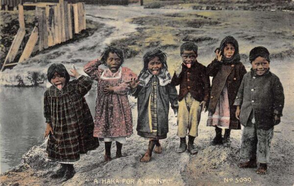 New Zealand Maori Children "A Haka for A Penny" Vintage Postcard AA85471