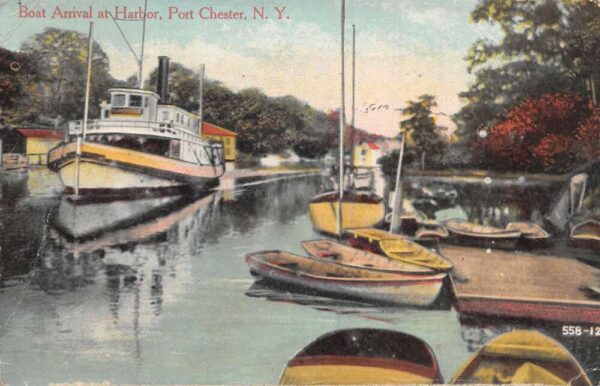 Port Chester New York Boat Arrival at Harbor Vintage Postcard AA85488