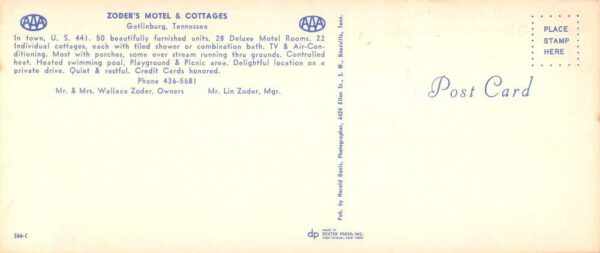 Gatlinburg Tennessee Zoder's Motel and Cottages Extra Wide Postcard AA85523 - Image 2