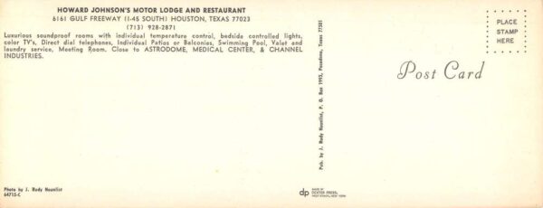 Houston Texas Howard Johnsons Motor Lodge Restaurant Extra Wide PC AA85538 - Image 2