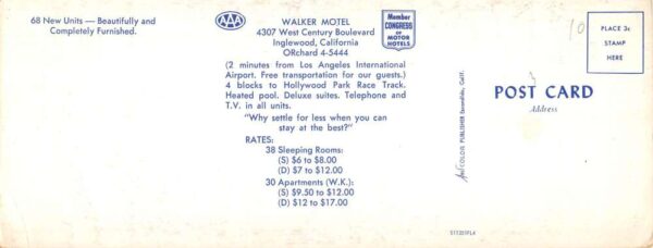 Inglewood California Walker Motel Extra Wide Vintage Postcard AA85547 - Image 2