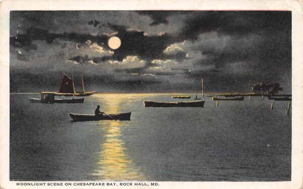 Rock Hall Maryland Moonlight Scene On Chesapeake Bay, White Border, PC U19594