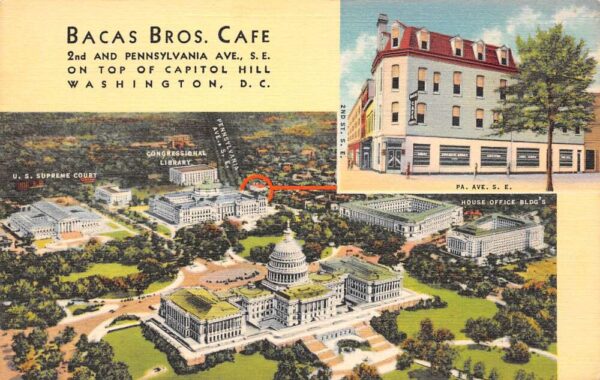 Washington D.C. Bacas Bros. Cafe, Multi-View Linen, Vintage Postcard U19612