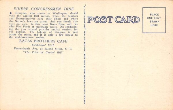 Washington D.C. Bacas Bros. Cafe, Multi-View Linen, Vintage Postcard U19612 - Image 2