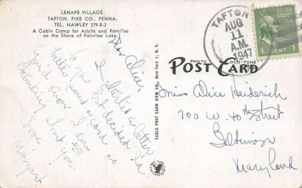 Tafton Pennsylvania Lenape Village Lodge, Fairview Lake, Vintage Postcard U19808 - Image 2
