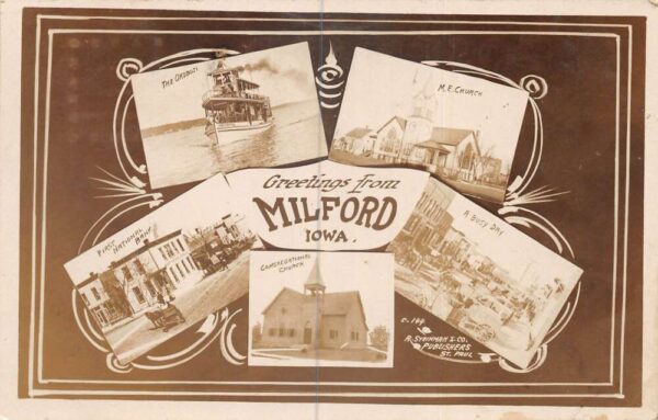 Milford Iowa Greetings Multiview Church Bank Steamer Real Photo PC AA106388