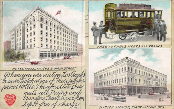 Los Angeles California Hotel Rosslyn and Natick House Auto Bus Postcard AA106412
