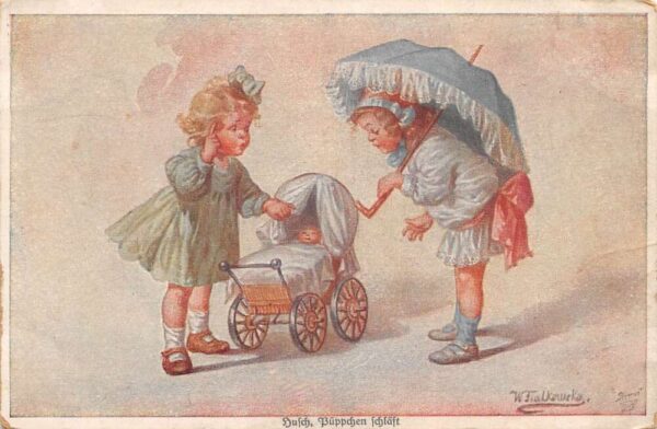 Children with Baby Doll Stroller Artist Signed Fialkowska Postcard AA106448