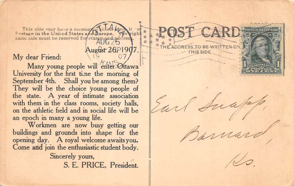 Ottawa Kansas University North Campus Science Hall Vintage Postcard AA106629 - Image 2