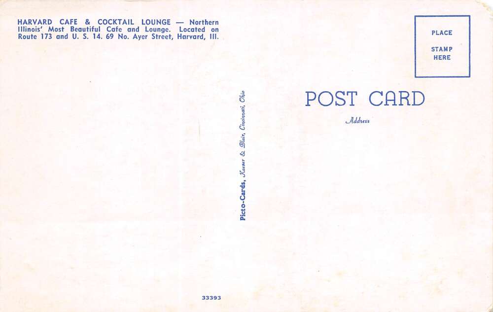 Harvard Illinois Harvard Café & Cocktail Lounge, Vintage Postcard U26381 - Image 2
