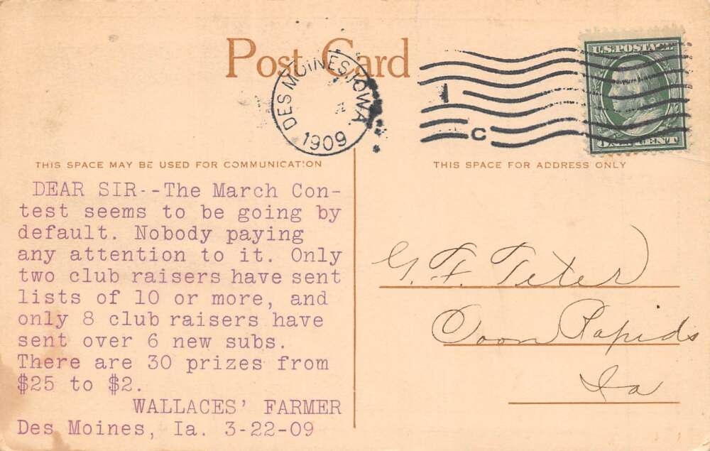 Des Moines Iowa Henry Wallace, Editor Of Wallace's Farmer, Vintage PC U26397 - Image 2